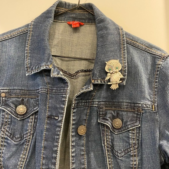 Vintage Pewter JJ Owl Brooch Pin Green Eye Rhinestones - Picture 4 of 13